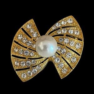 Vintage Goldtone Bow Brooch With Pave AB Rhinestones And Faux Pearl